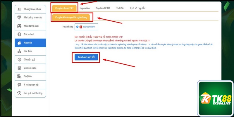 4 bước nạp tiền tk88 thông qua thẻ ngân hàng